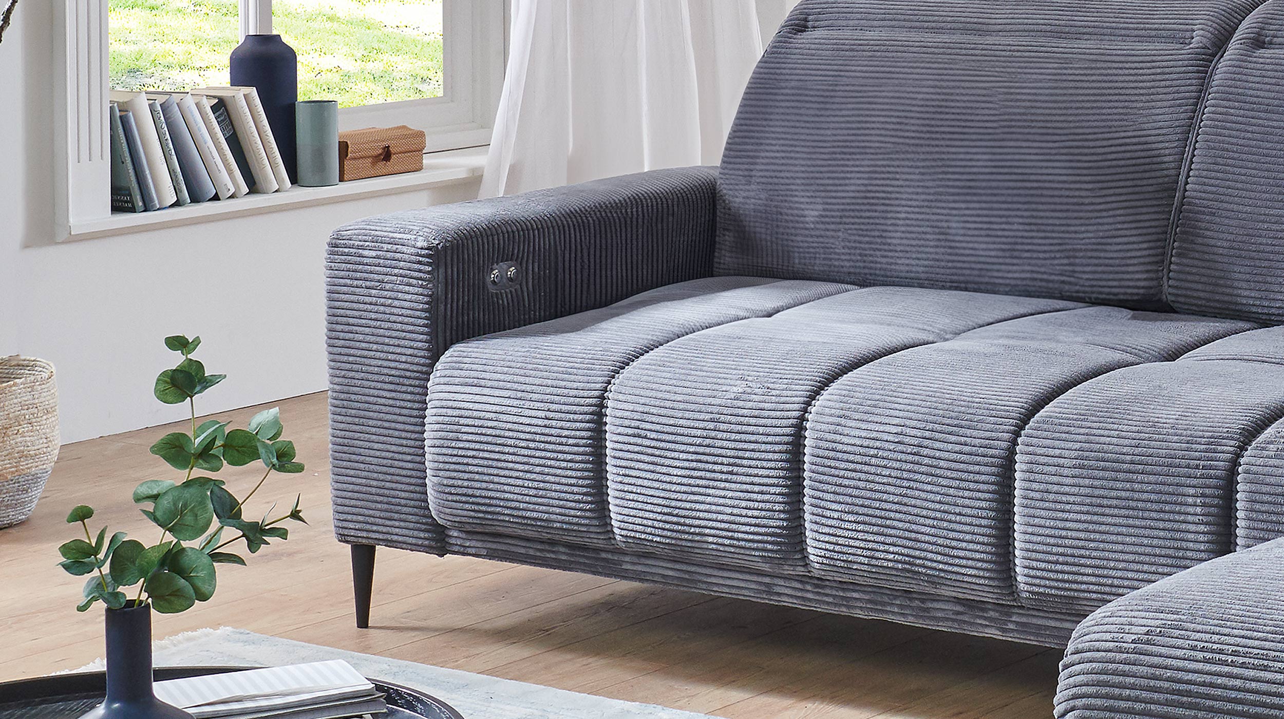 Ecksofa Cord grau ausziehbar - Sitztiefenverstellung 286 cm - OT rechts - MARISOL