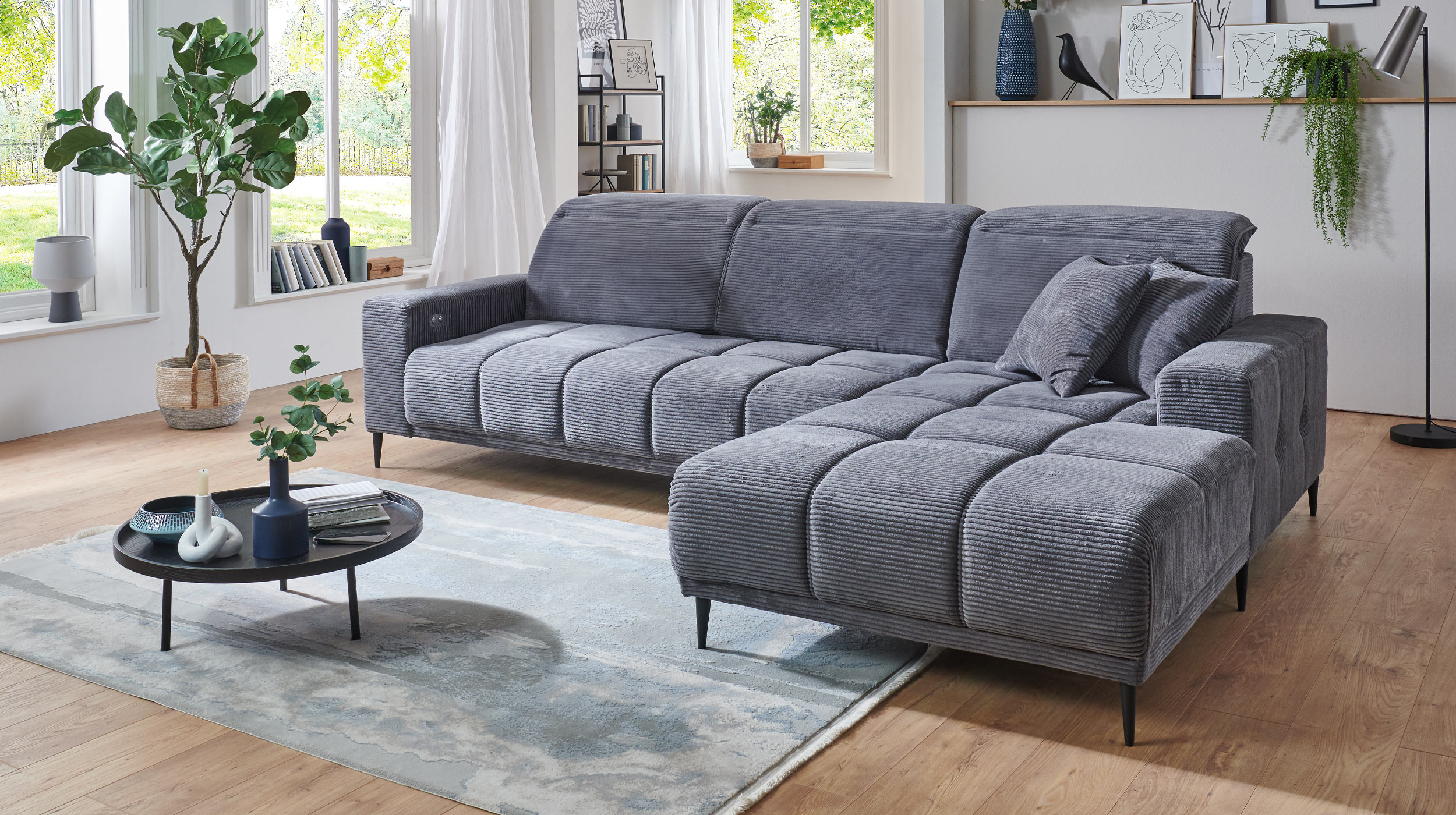 Ecksofa Cord grau ausziehbar - Sitztiefenverstellung 286 cm - OT rechts - MARISOL