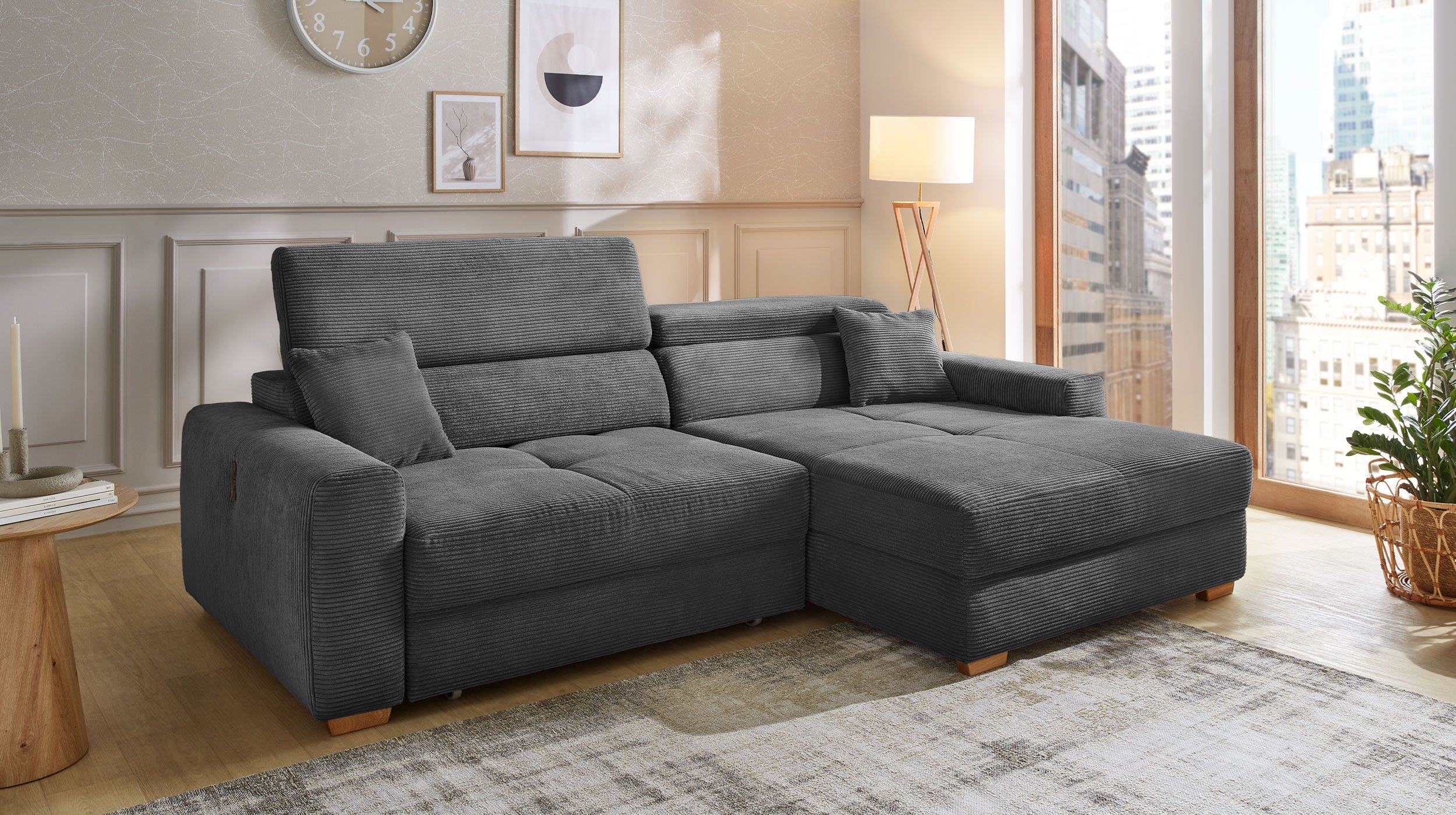 Ecksofa Cord grau 277 x 187 cm mit Relaxfunktion - SLIDER