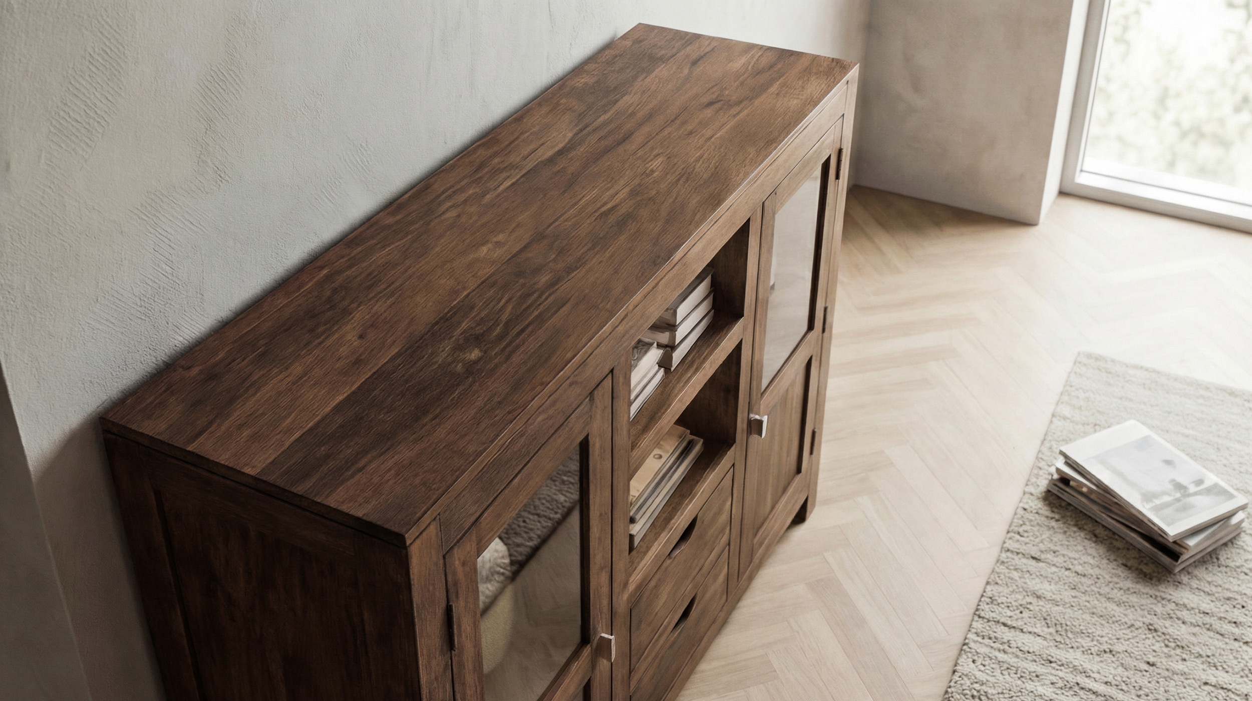 Highboard Mango massiv gebeizt montiert - Glastüren - MANGALA