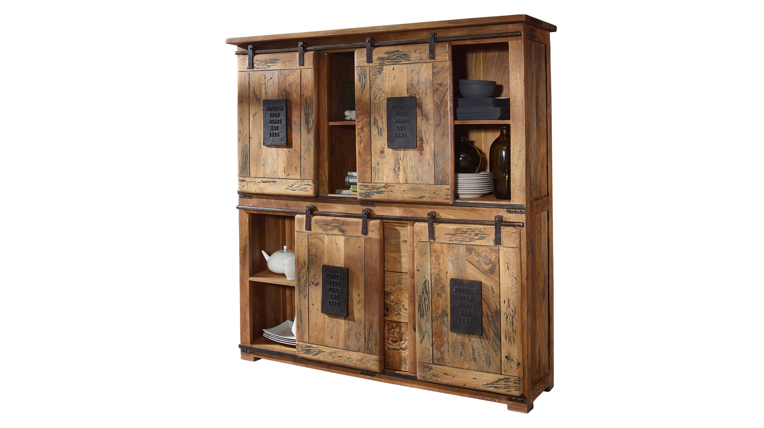 Highboard mit 4 Rolltüren Mango massiv 150 cm - montiert - EMANUEL
