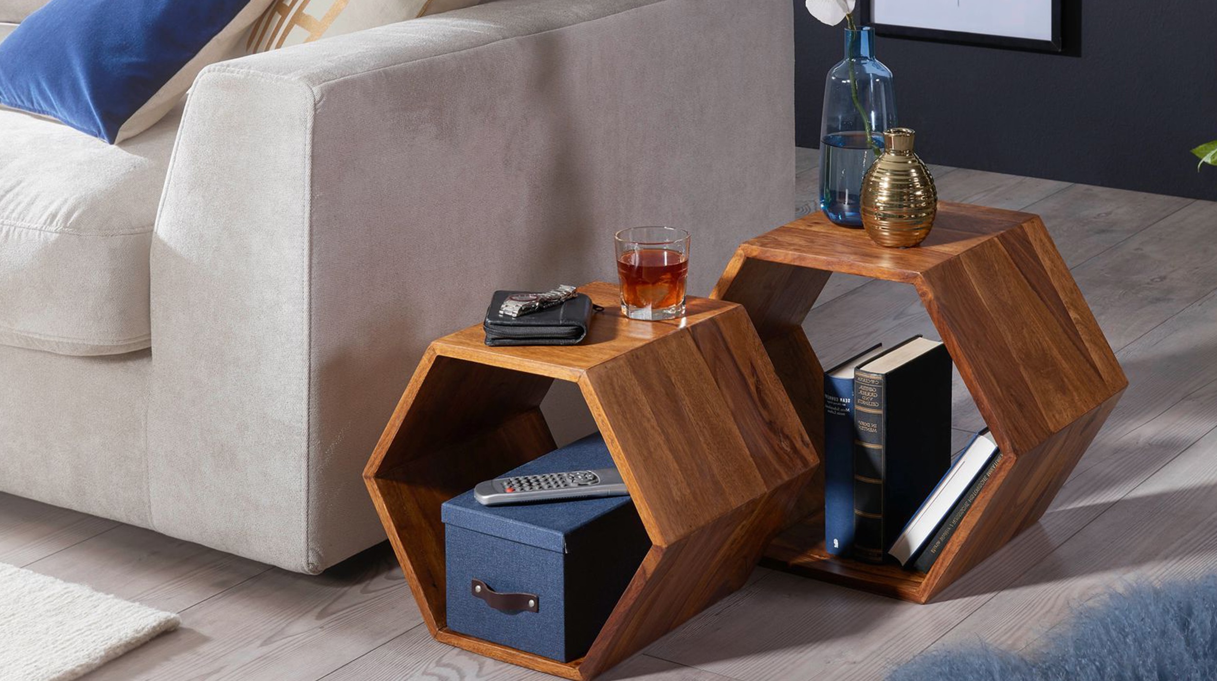 Beistelltisch 2er-Set Sheesham massiv gebeizt - 46 x 30 cm - TAMO