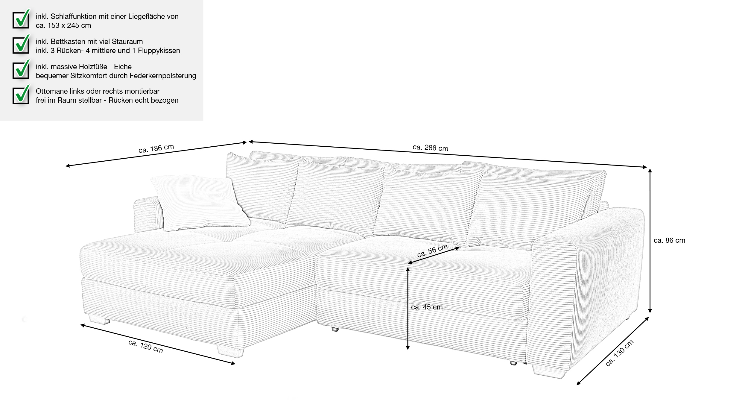 Ecksofa Cord grau Schlaffunktion Bettkasten 288 x 186 cm - KAMPEN