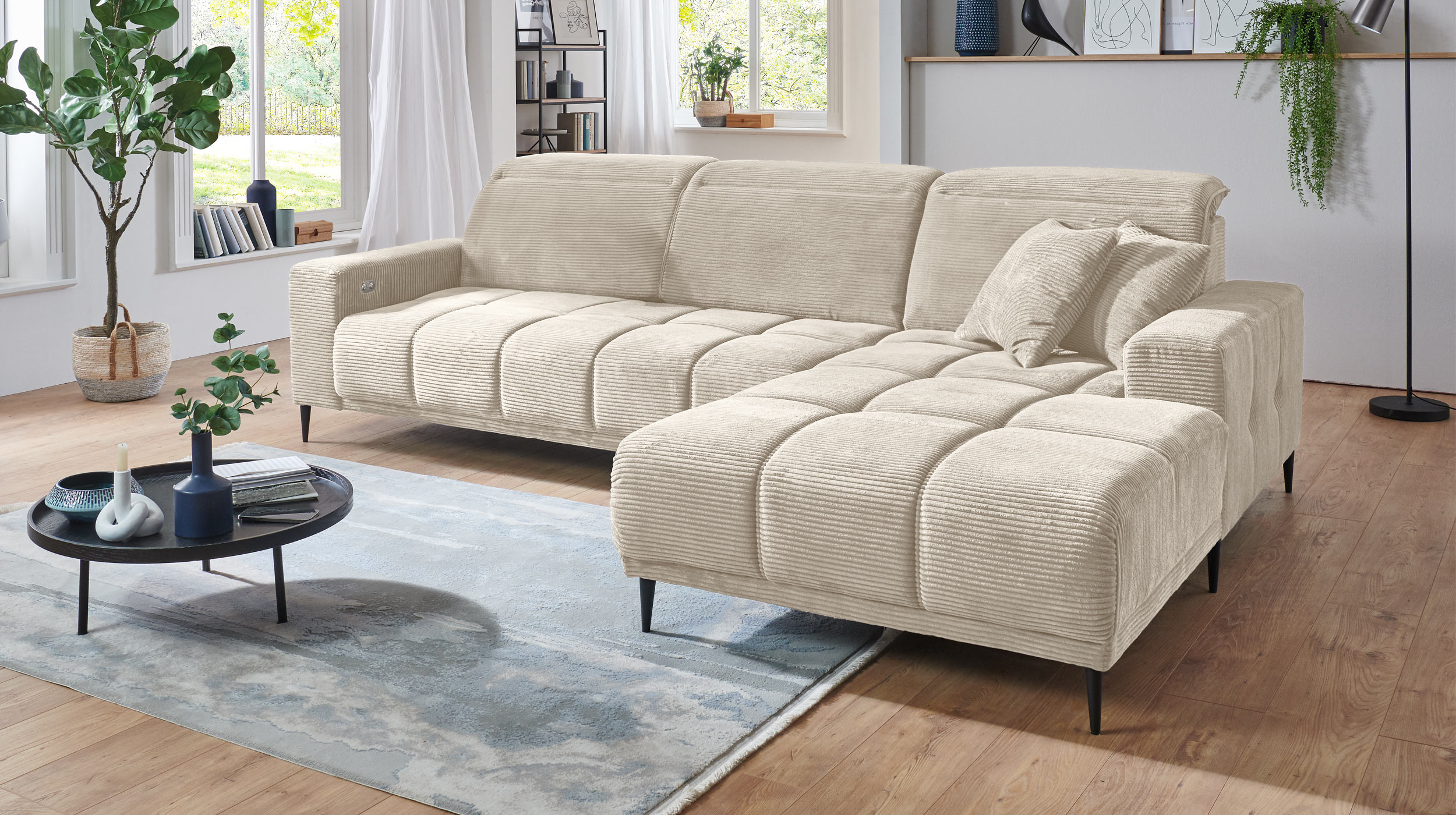 Ecksofa Cord beige ausziehbar - Sitztiefenverstellung 286 cm - OT rechts - MARISOL