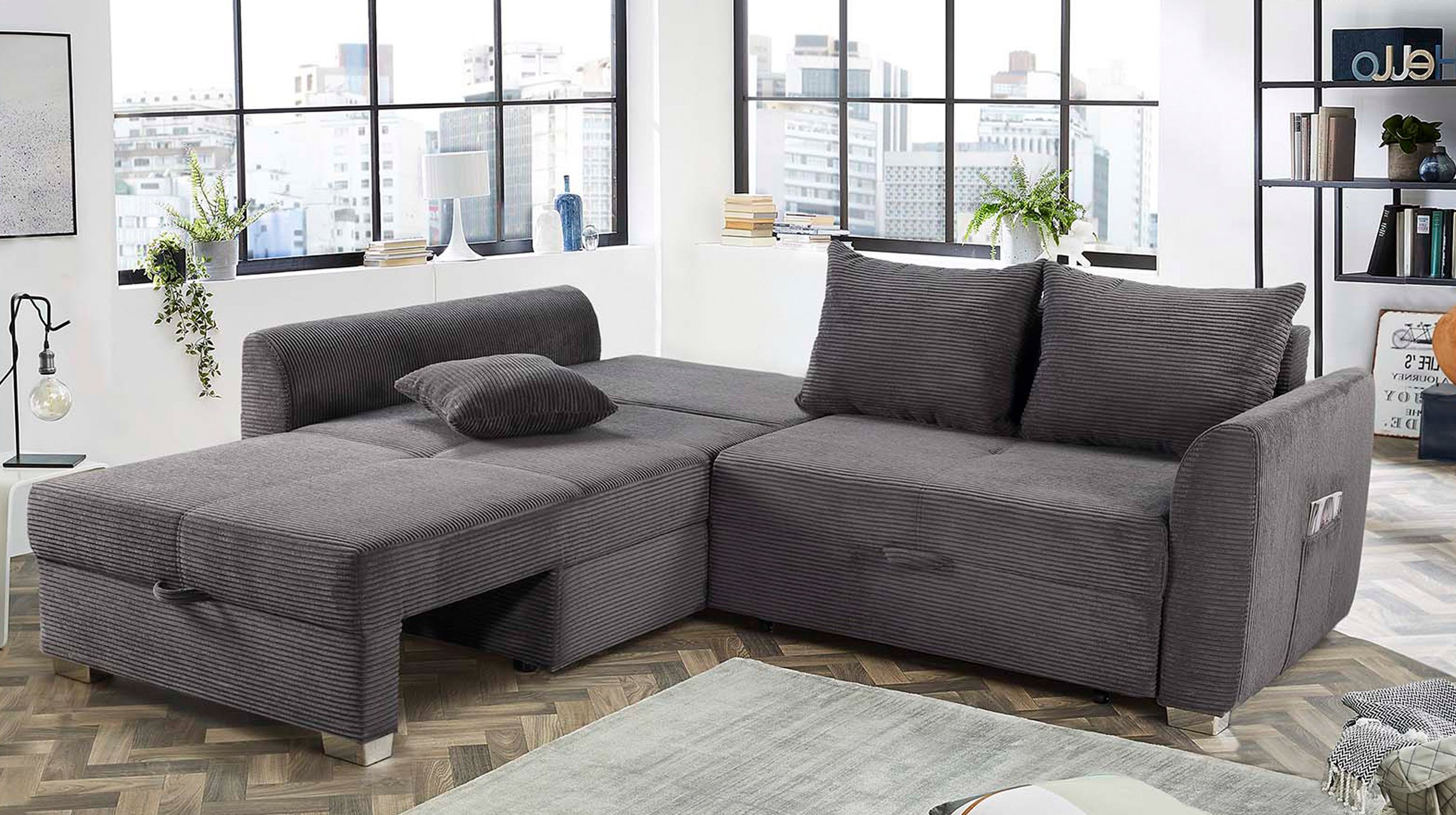 Ecksofa Cordbezug grau 236 x 160 cm - Bettkasten - BOOMER