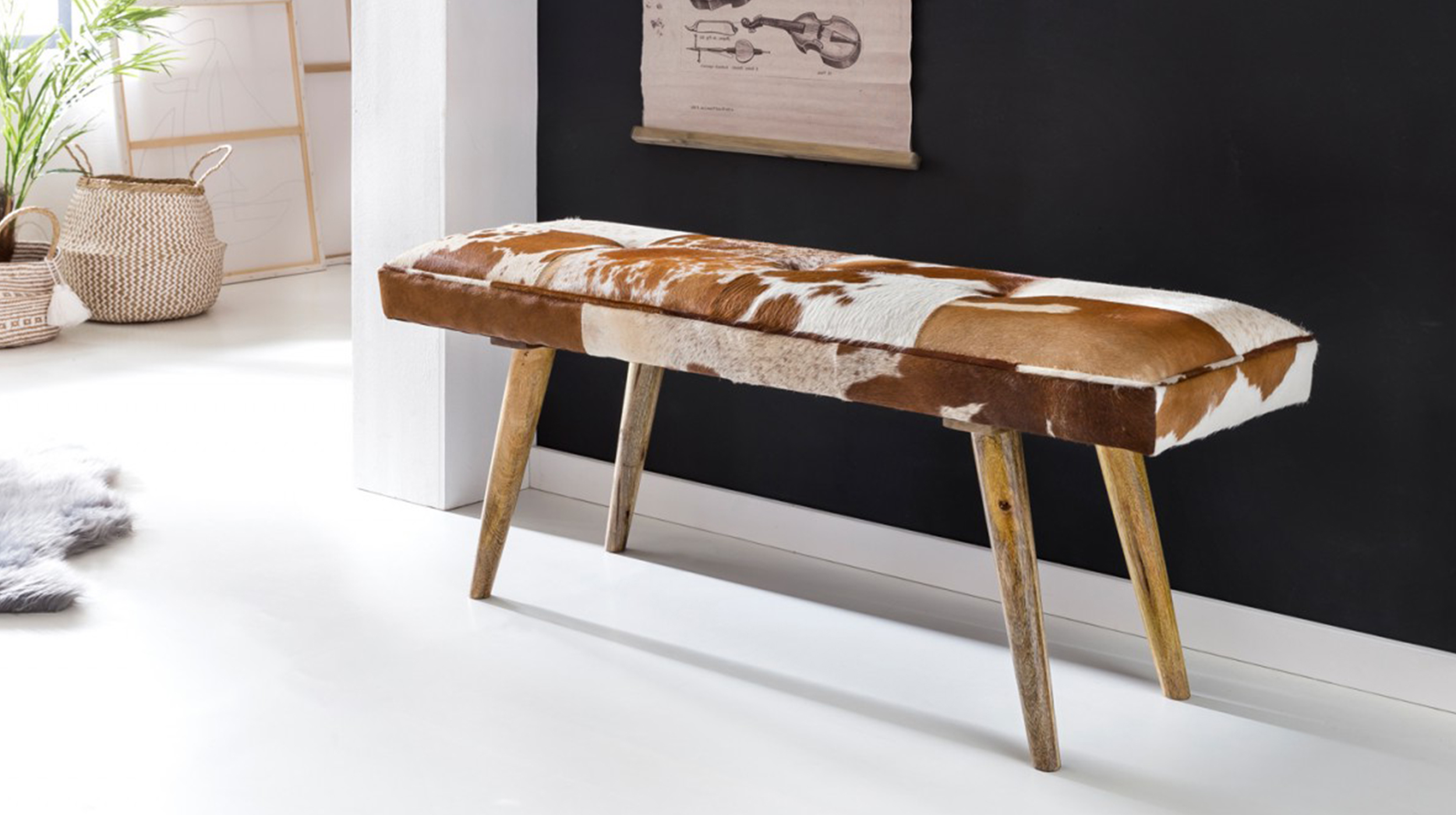 Sitzbank 120 cm echtes Leder Mango massiv lackiert - VIDAR