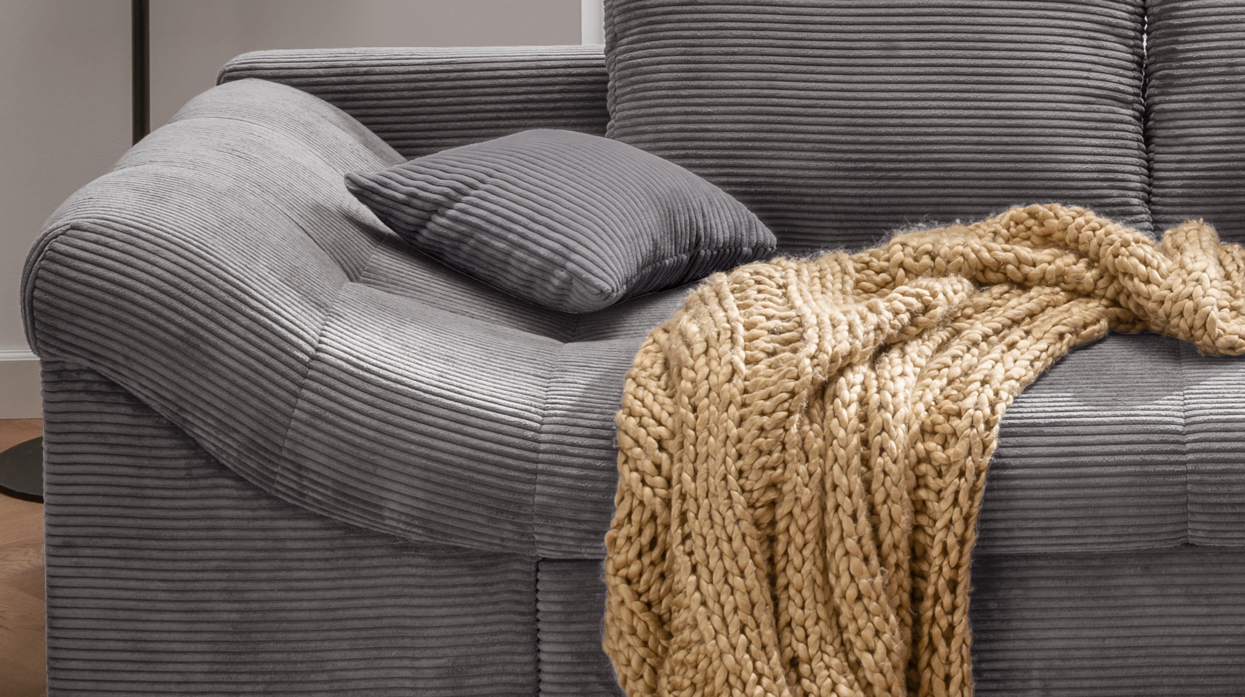 Ecksofa Wohnlandschaft Cordbezug grau 298 x 202 cm - ALVITO