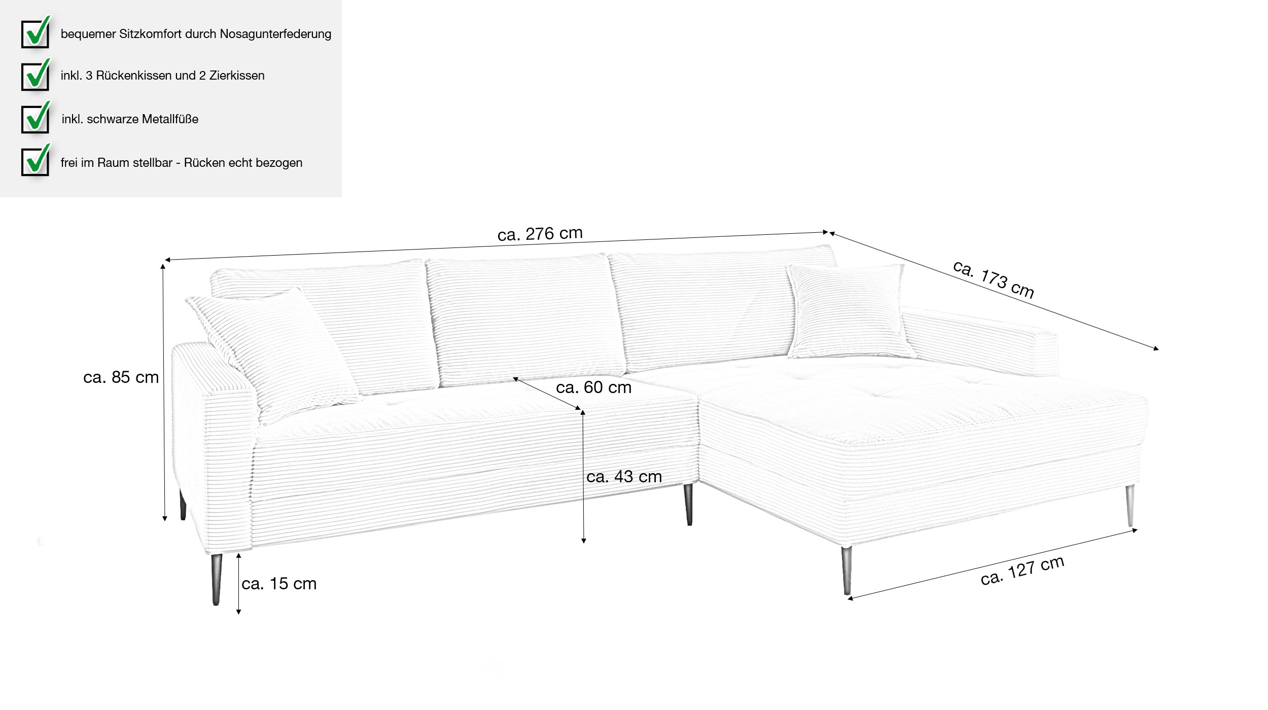 Ecksofa Cord grau 276 x 173 cm - OT rechts - SUMMER