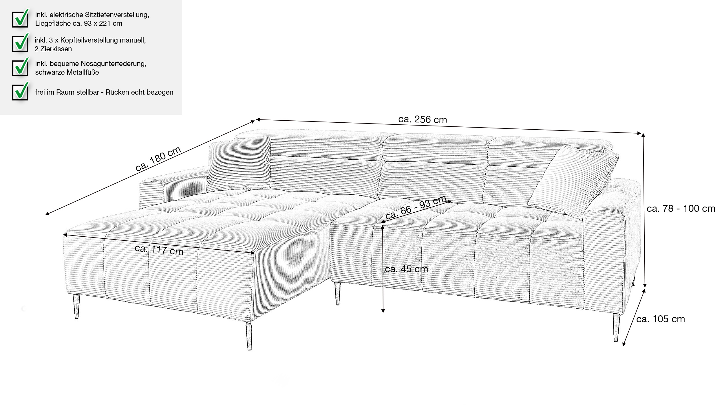 Ecksofa Cord grau ausziehbar - Sitztiefenverstellung 256 cm - OT links - SIMPLE