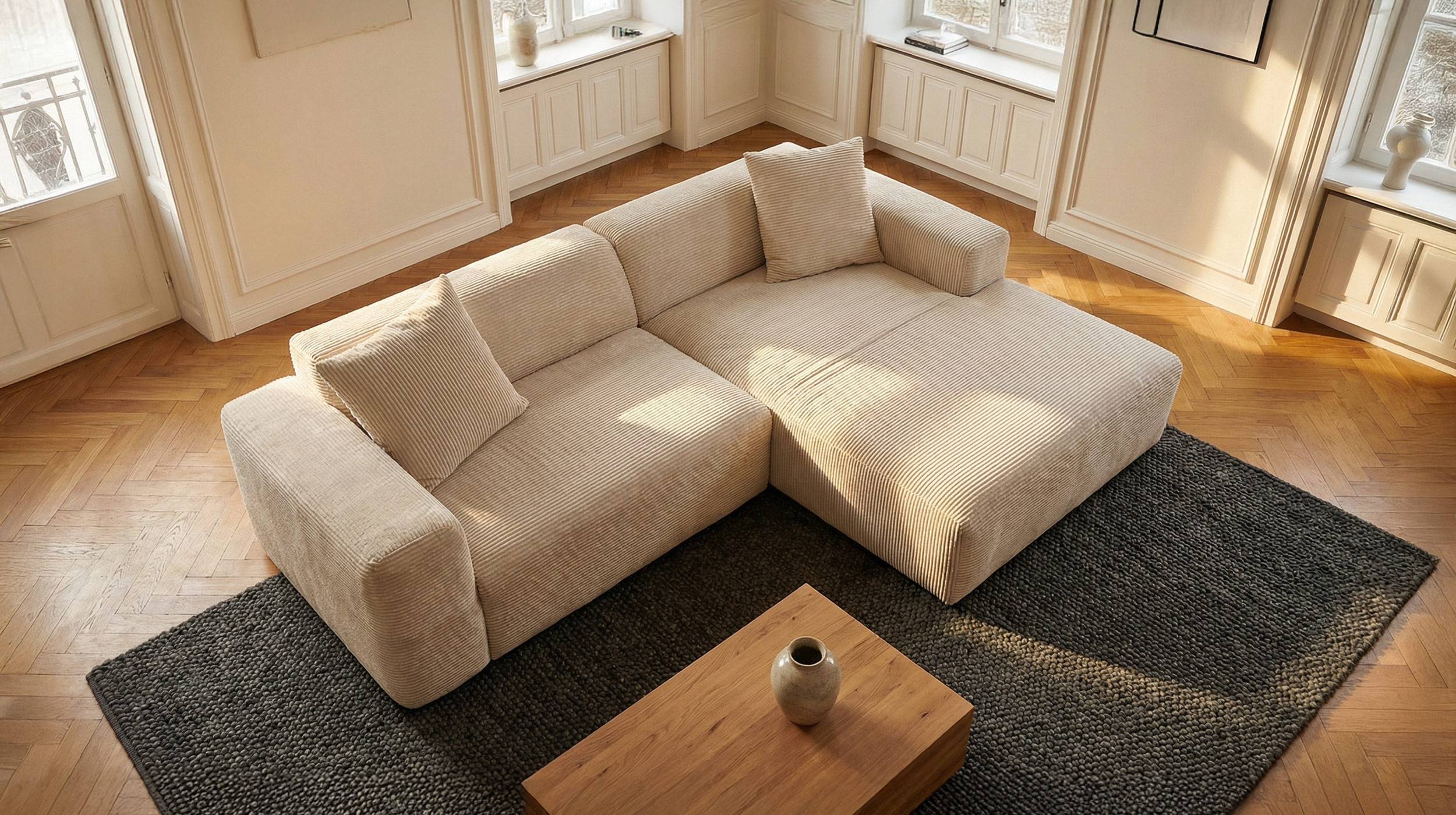 Ecksofa Cord creme 256 x 174 cm - TOMMY