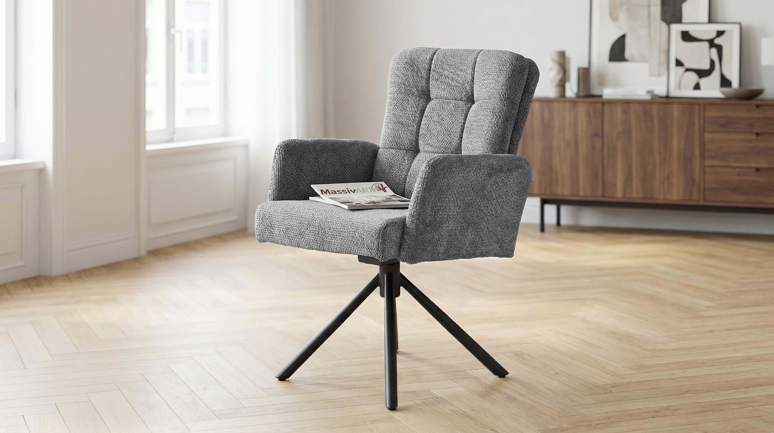 Armlehnstuhl grau Drehstuhl Taschenfederkern Chenille - HEDIA