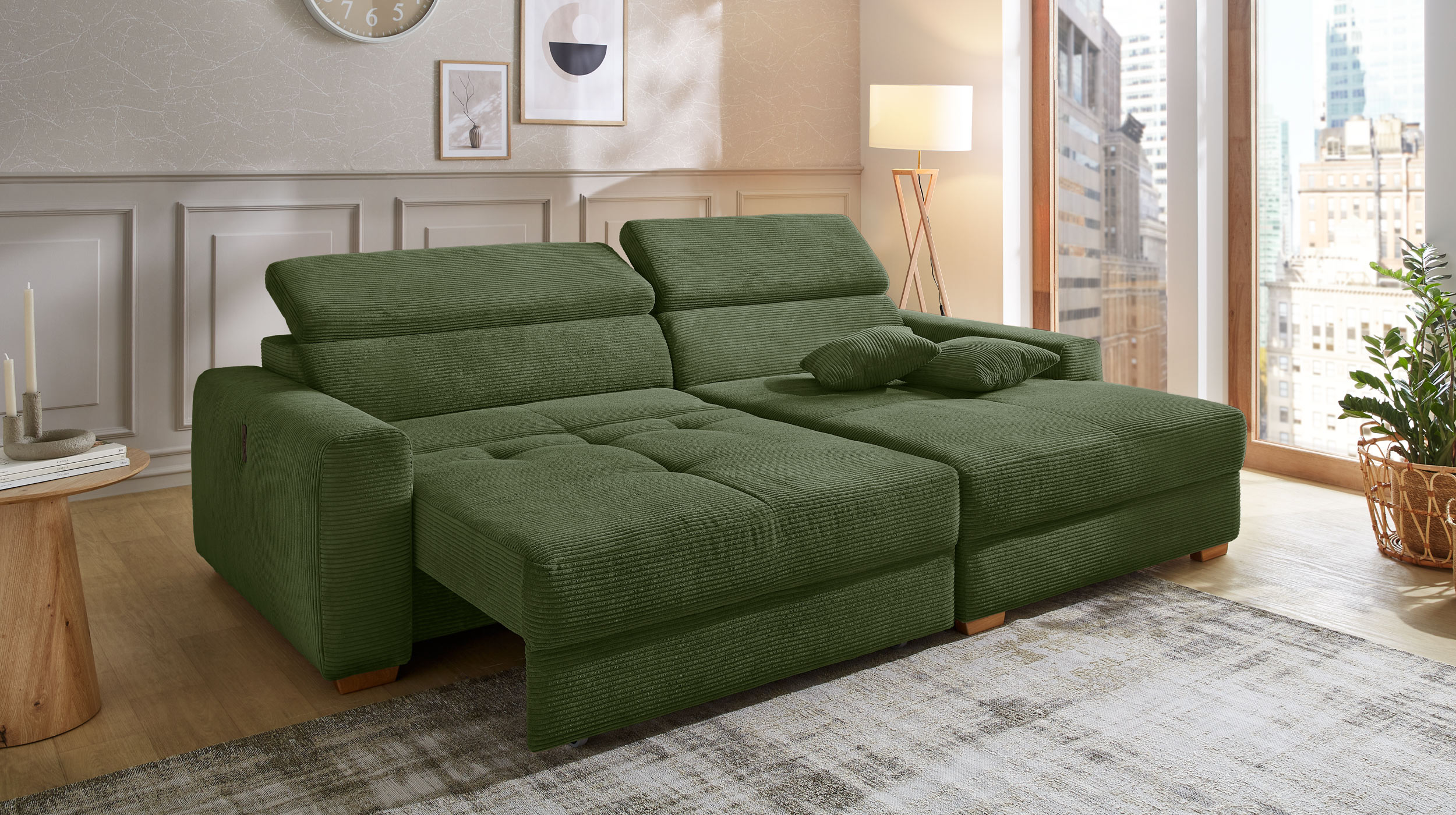 Ecksofa Cord grün 277 x 187 cm mit Relaxfunktion - SLIDER