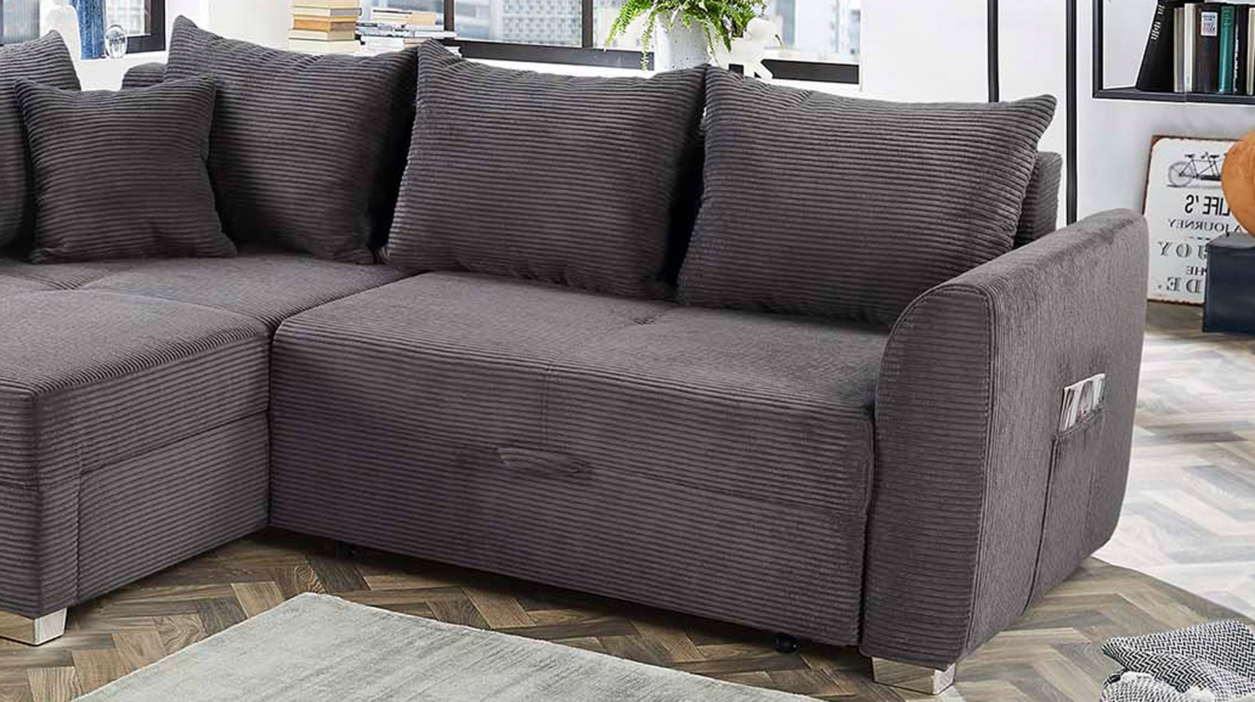 Ecksofa Cord grau Schlaffunktion Bettkasten 236 cm- BOOMER