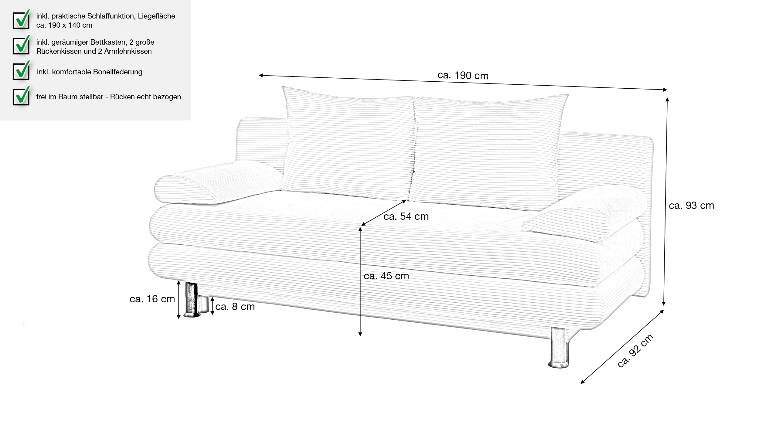 Schlafsofa Cord grau mit Bettkasten Federkern 190 cm - BAREND