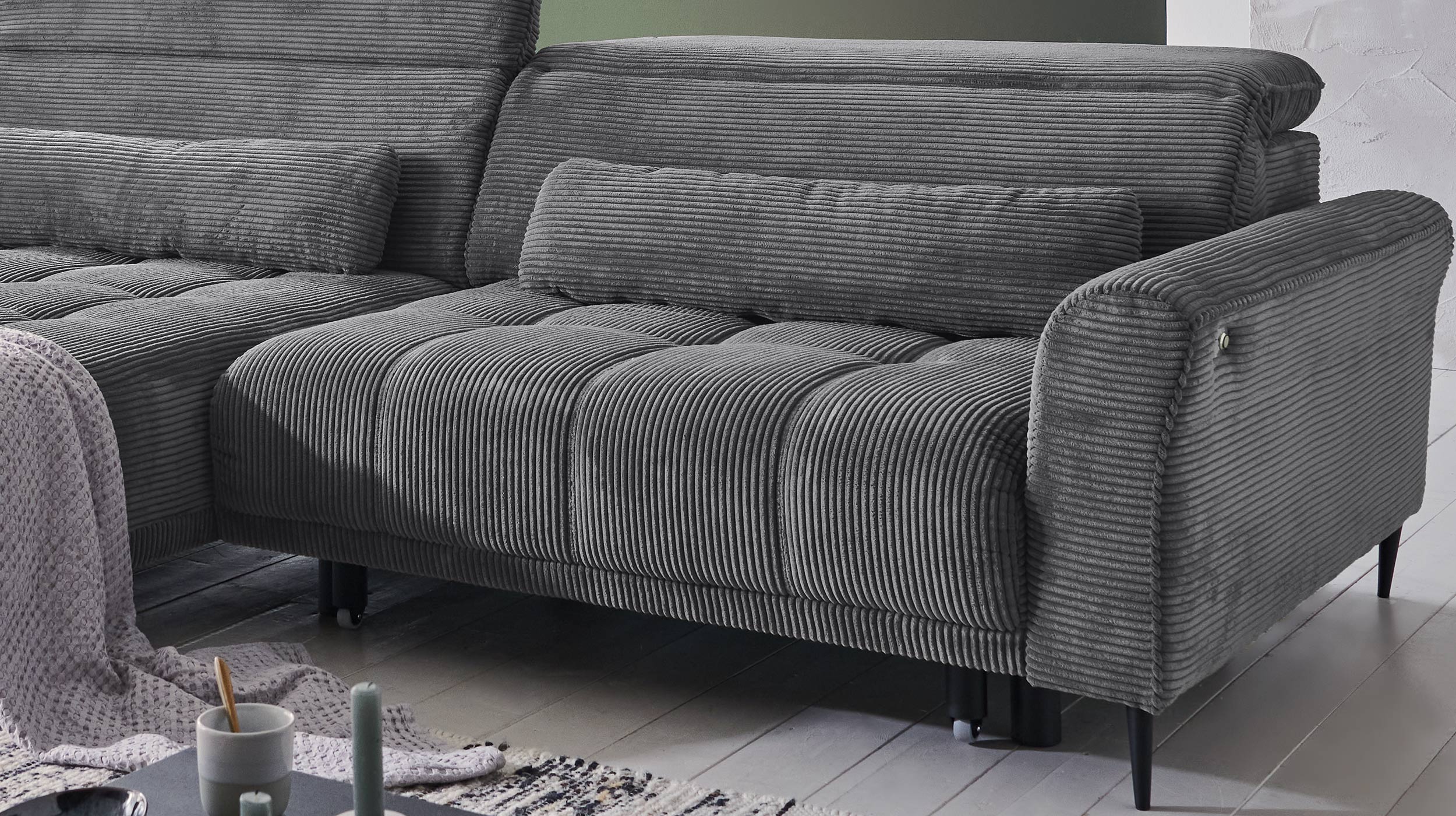 Ecksofa Cord grau ausziehbar - Sitztiefenverstellung - 277 cm - OT links - LOGAN