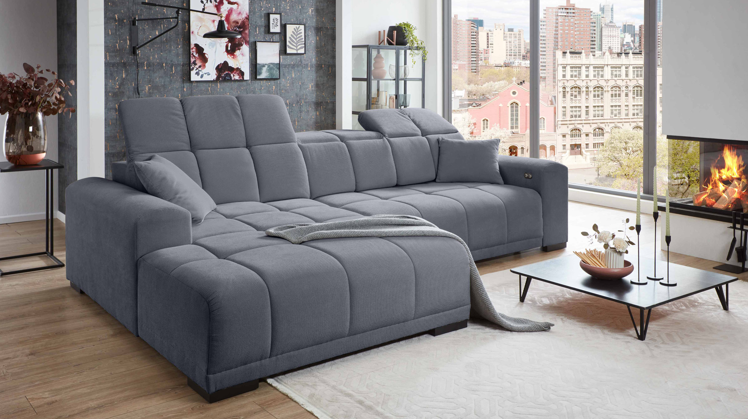 Ecksofa grau 301 x 195 cm - Sitztiefenverstellung - MASTER