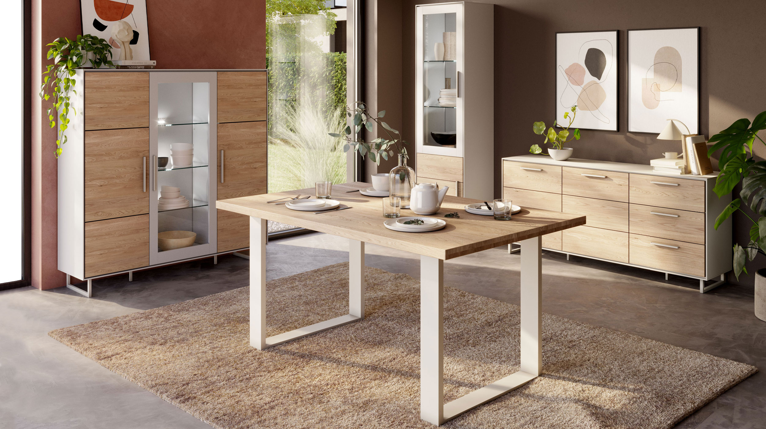 Highboard mit Glastür Eiche teilmassiv geölt 146 cm - KAI 