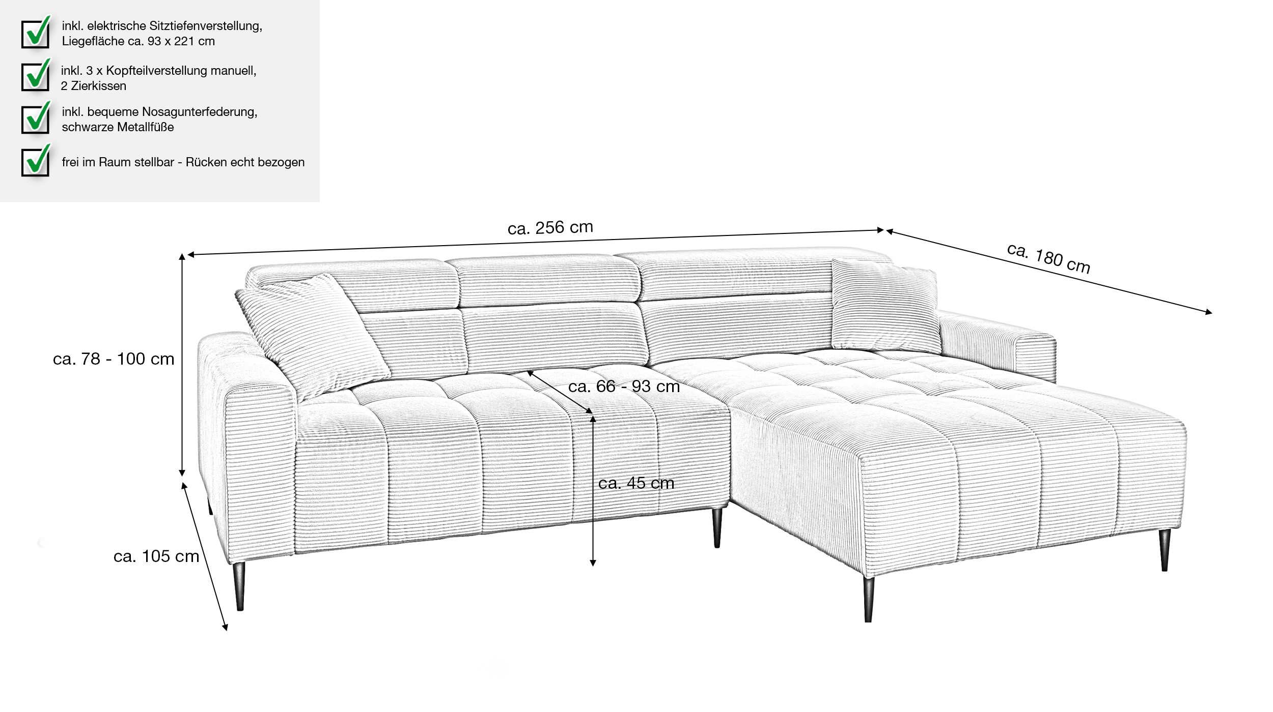 Ecksofa Cord grün ausziehbar - Sitztiefenverstellung 256 cm - OT rechts - SIMPLE