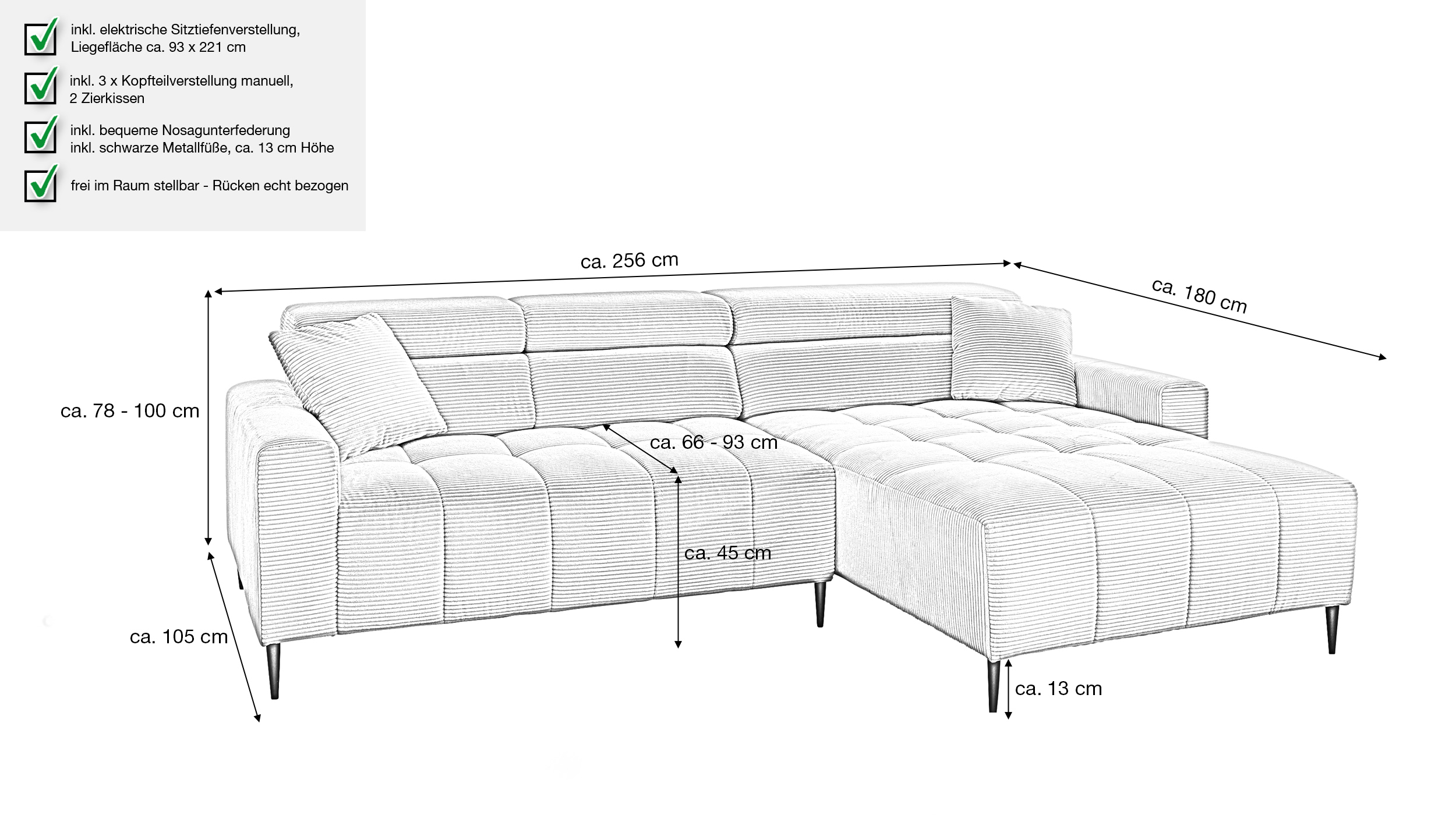 Ecksofa Cord grün elektrisch ausfahrbar 256 cm - OT rechts - SIMPLE