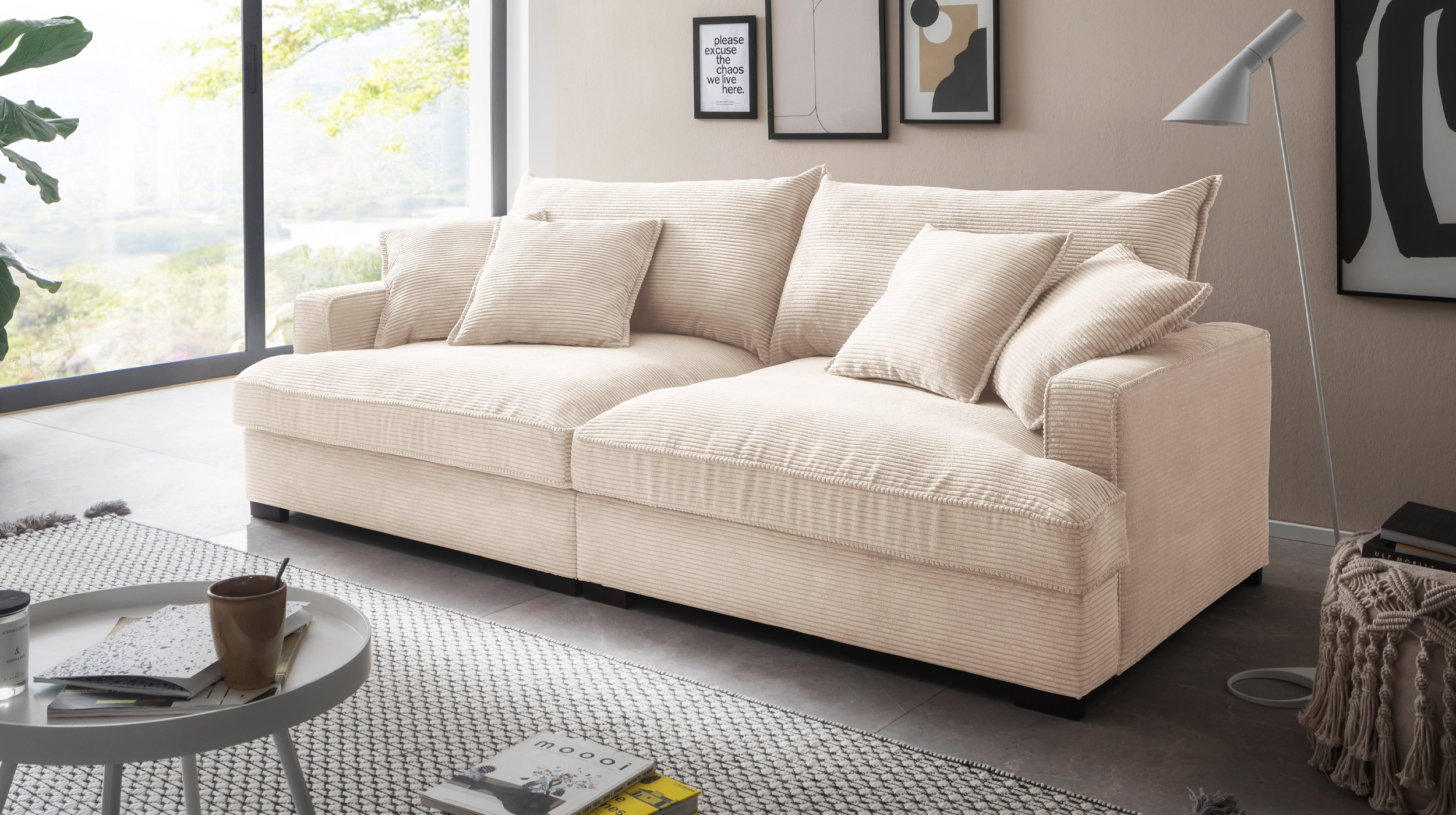 Big Sofa Cord creme - 242 cm - Nosagunterfederung - TRIBECCA 