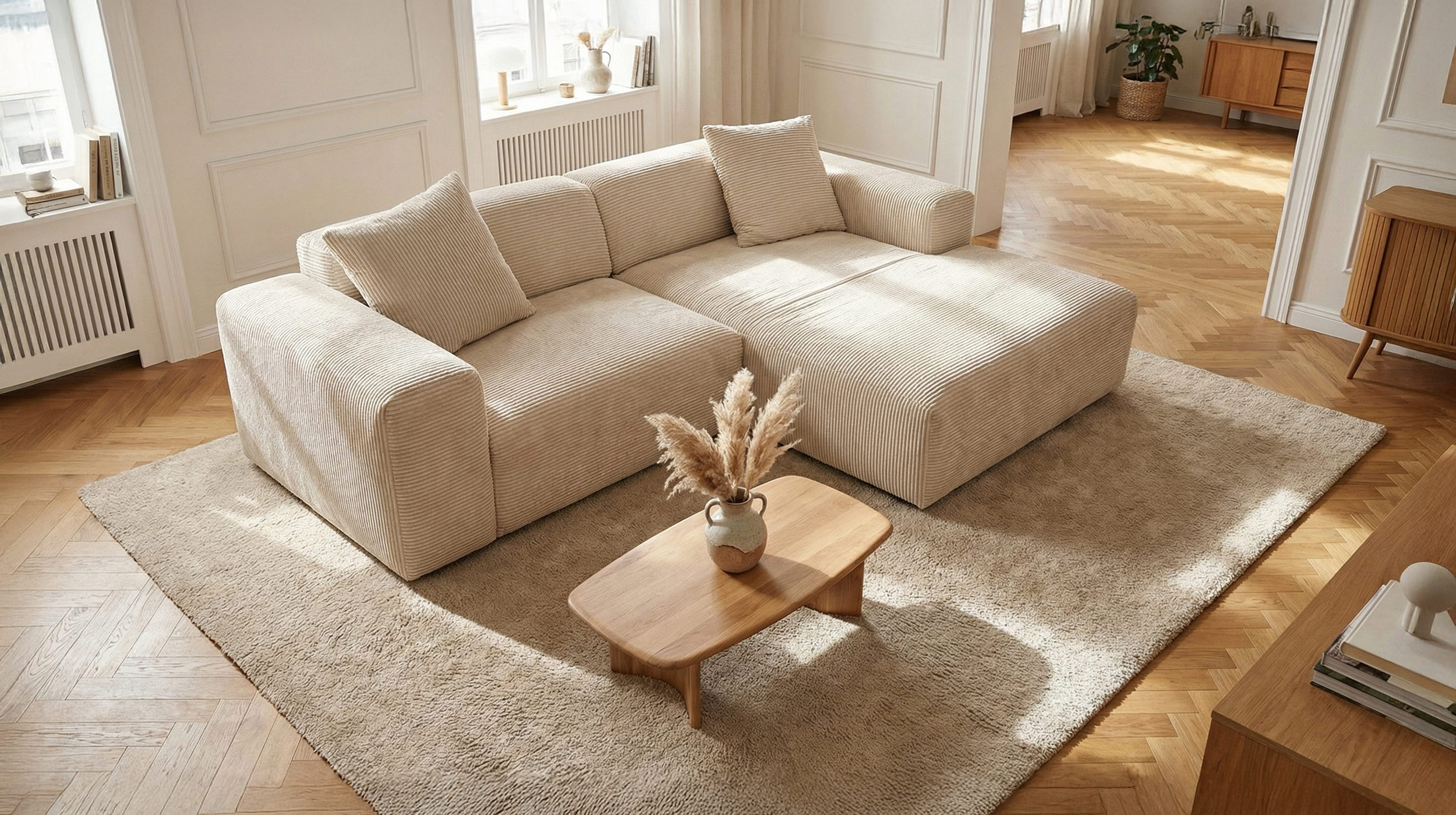 Ecksofa Cord creme 256 x 174 cm - TOMMY