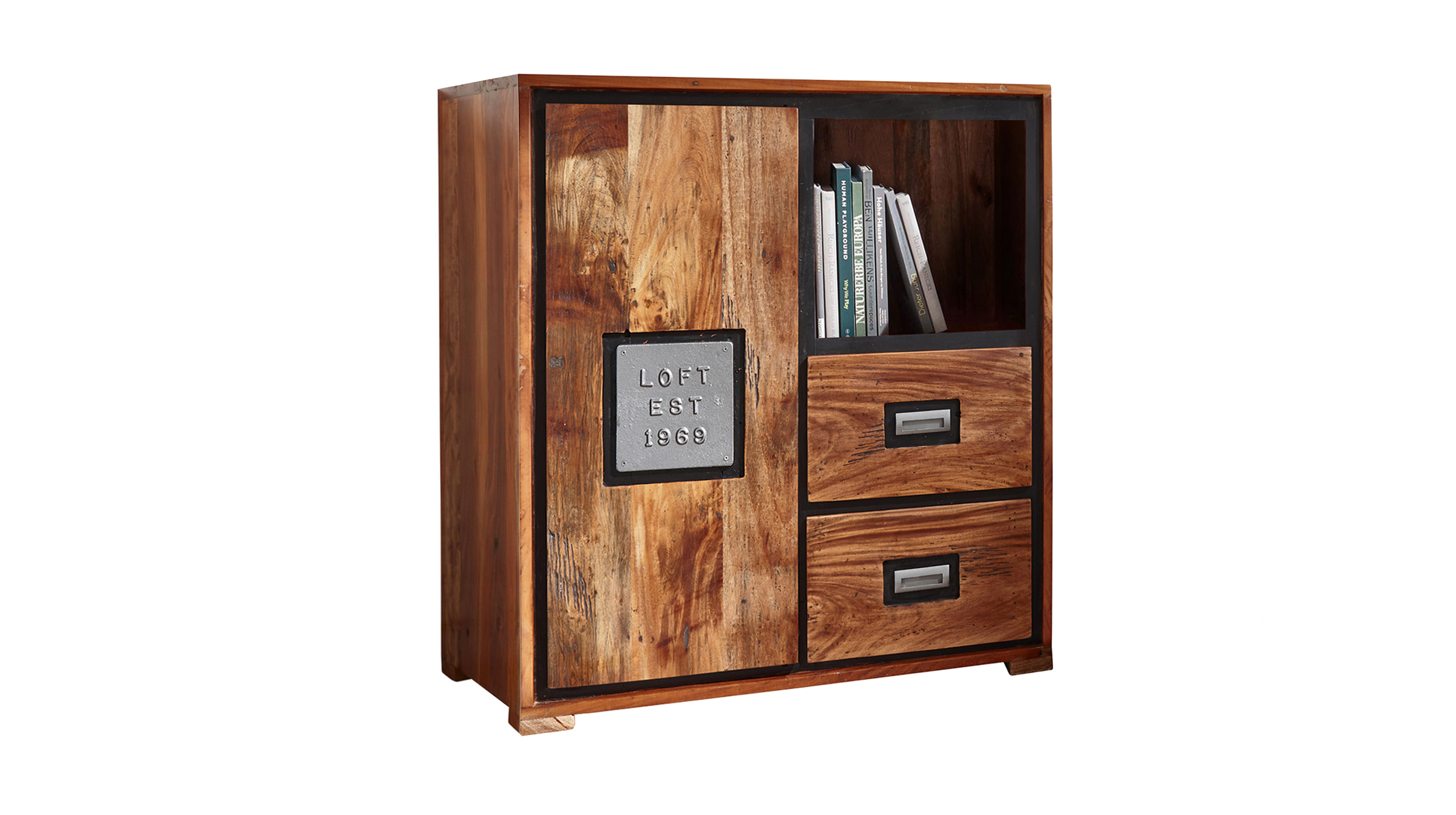 Highboard 1 Tür 2 Schubladen Akazie Altholz massiv natur 75 cm - NARVIK