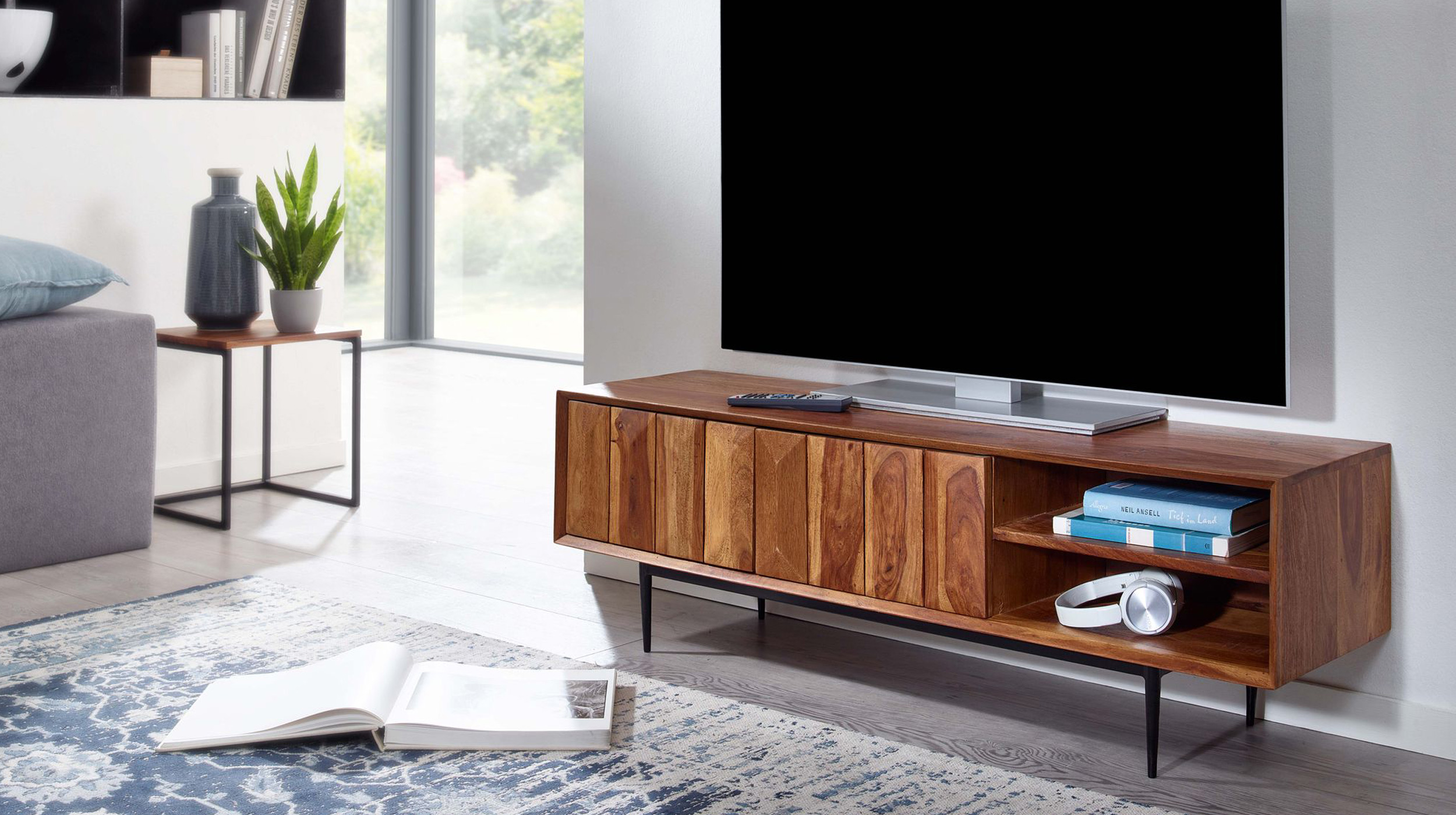TV-Lowboard Sheesham massiv gebeizt 123 cm - STREVA 