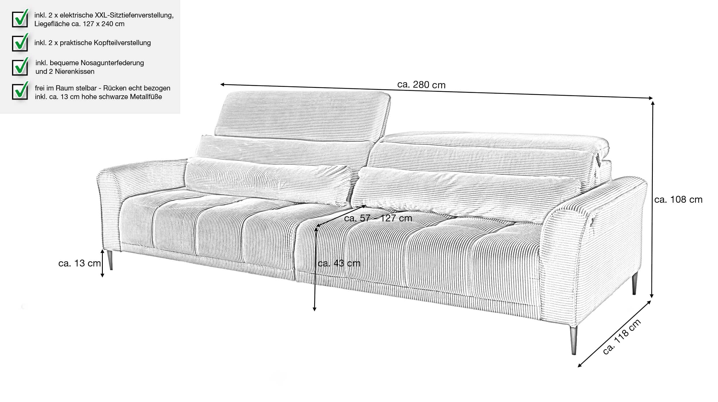 Big Sofa rost - Cordbezug - 280 cm - Nosagunterfederung - LOGAN 