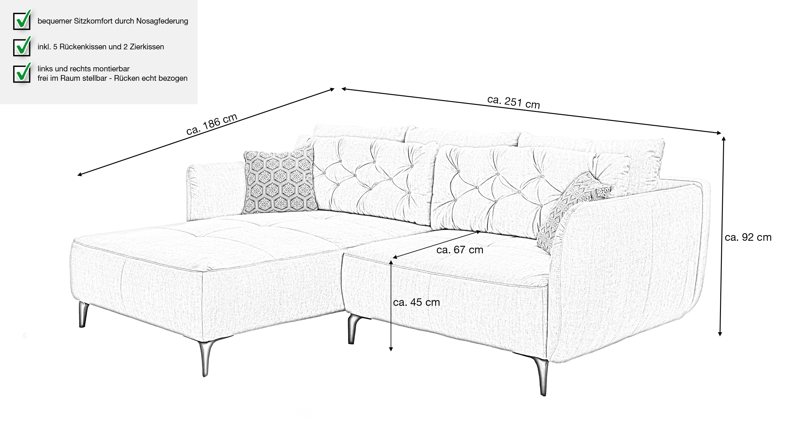 Ecksofa hellgrau Veloursbezug 251 x 186 cm - SALO