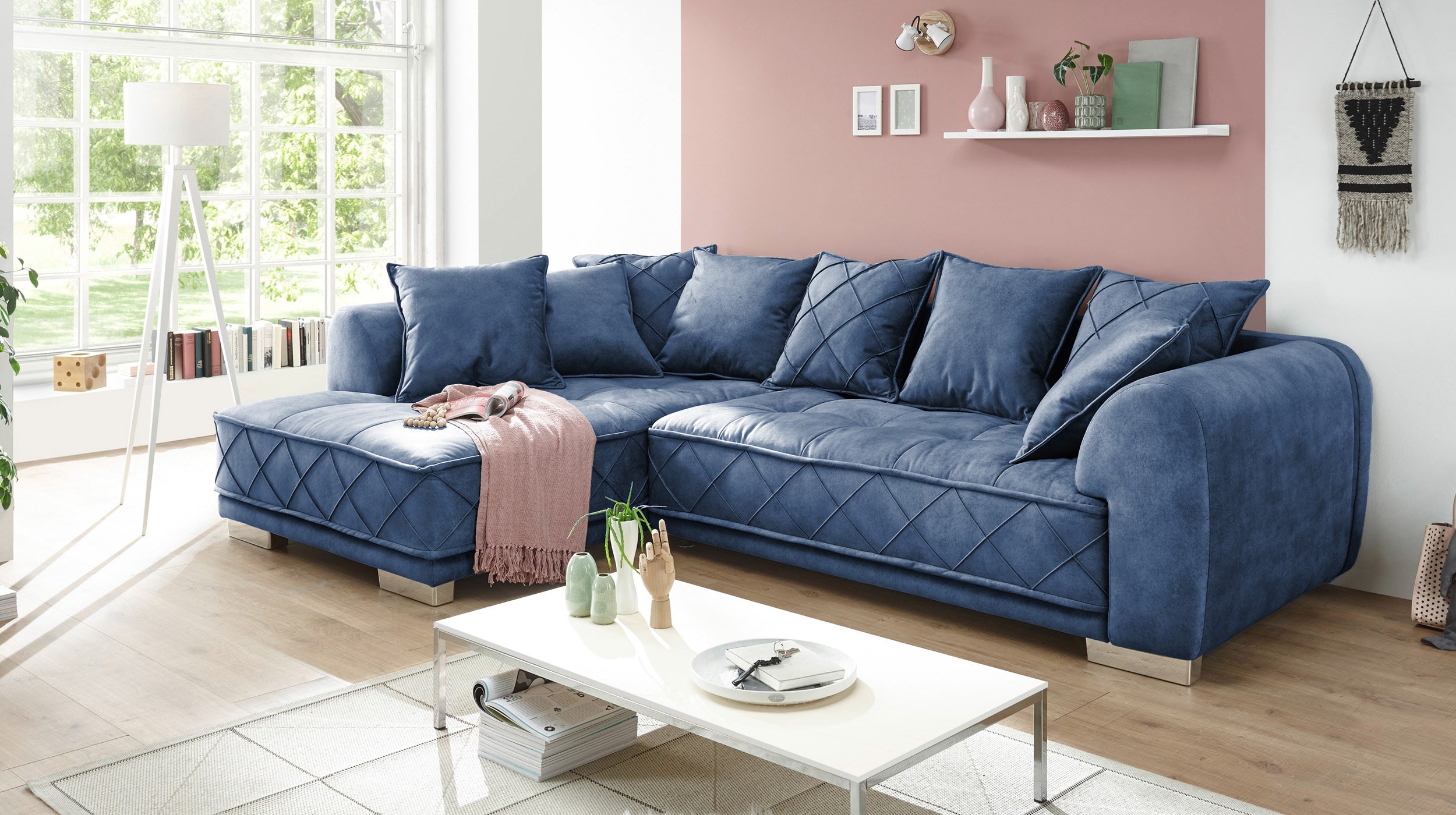 Ecksofa blau 319 x 194 cm mit Kissen - SENTINA