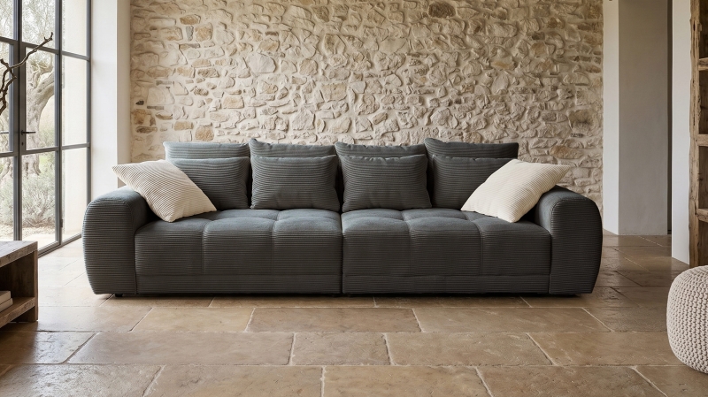 Big Sofa Cord grau - 308 cm - Federkern - JANNI
