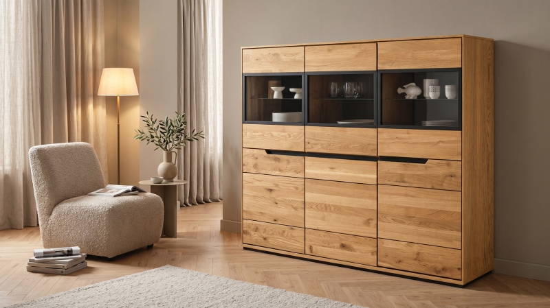Highboard mit Glastüren Wildeiche geölt massiv 153 cm - ARAYA