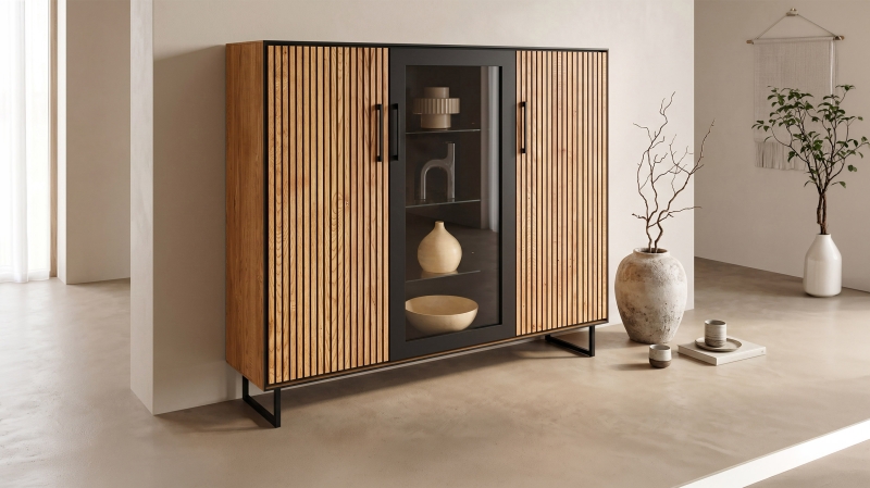Highboard mit Glastür Eiche massiv geölt 146 cm - BELLA