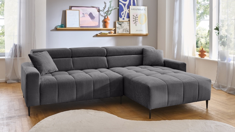 Ecksofa Cord grau ausziehbar - Sitztiefenverstellung 256 cm - OT rechts - SIMPLE