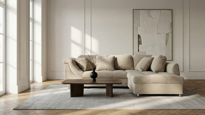 Ecksofa Cord beige Schlaffunktion Bettkasten OT rechts - LUNARO