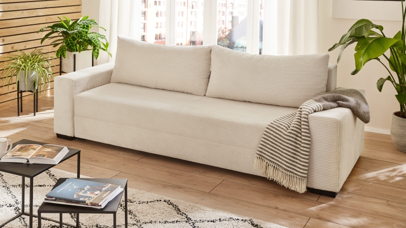 Schlafsofa Cord beige mit Bettkasten Federkern 240 cm - TRIER 