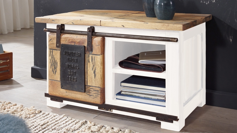 Couchtisch Rolltür Massivholz weiß Mango 76 x 51 cm - EMANUEL