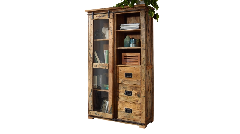 Vitrine mit Schiebetür Mango massiv Breite 100 cm - montiert - EMANUEL