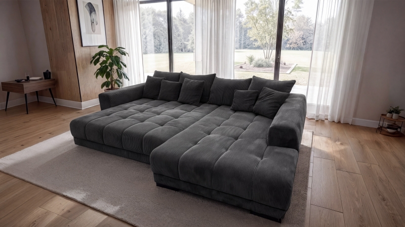Ecksofa Cord grau elektrisch ausfahrbar 300 cm - OT rechts - ARTEMIS