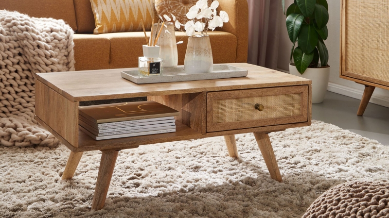 Couchtisch mit Schublade Mango massiv - Rattan 90 x 40 cm - RIKARD