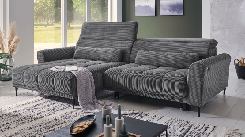 Ecksofa Cord grau ausziehbar - Sitztiefenverstellung - 277 cm - OT links - LOGAN