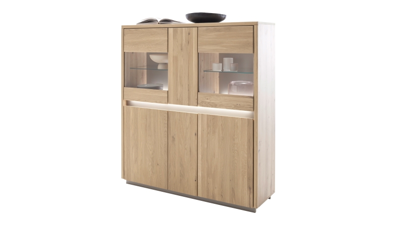Highboard mit 2 Glastüren Kristalleiche massiv geölt 136 cm - LARVIK