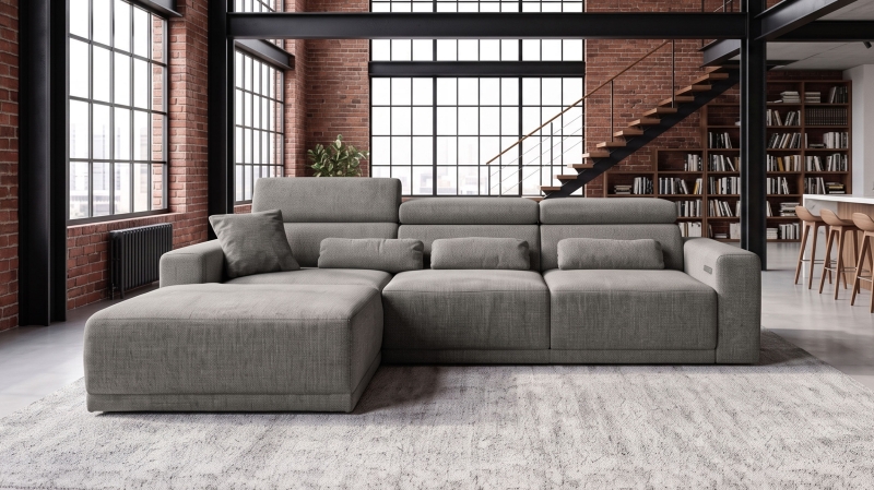 Ecksofa grau elektrisch ausfahrbar 285 cm - OT links - CASSIO 