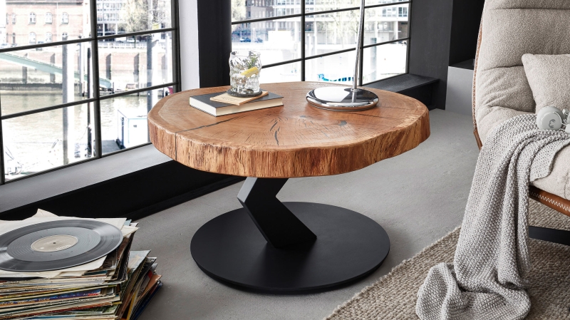 Couchtisch rund Baumscheibe Eiche massiv 75 x 45 cm - BILOXI