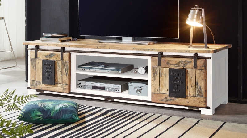 TV-Lowboard 2 Rolltüren Massivholz weiß Mango 180 cm - EMANUEL