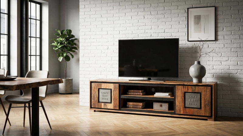 TV - Lowboard Akazie Altholz massiv montiert - 180 cm - NARVIK