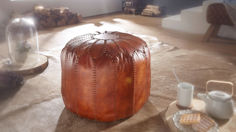 Sitz- & Fußhocker rund Echtleder braun - VILT