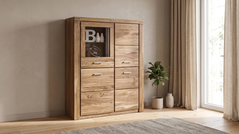 Highboard mit Glastür Wildeiche massiv geölt 108 cm - FREYJA