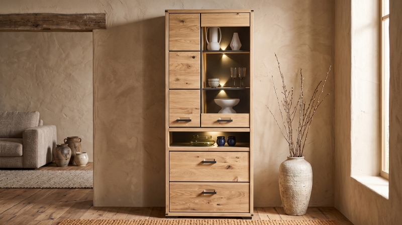 Vitrine Wildeiche massiv geölt mit Beleuchtung 85 cm - CATANIA