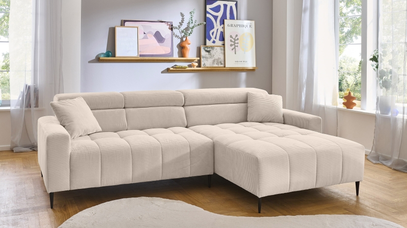 Ecksofa Cord beige ausziehbar - Sitztiefenverstellung 256 cm - OT rechts - SIMPLE